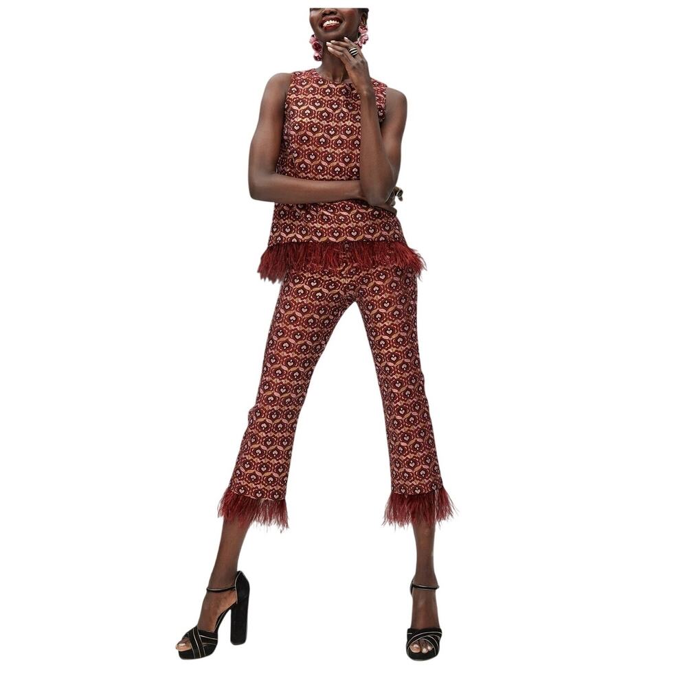 Trina Turk Feather Trimmed Burgundy Shibui Pants Size 6